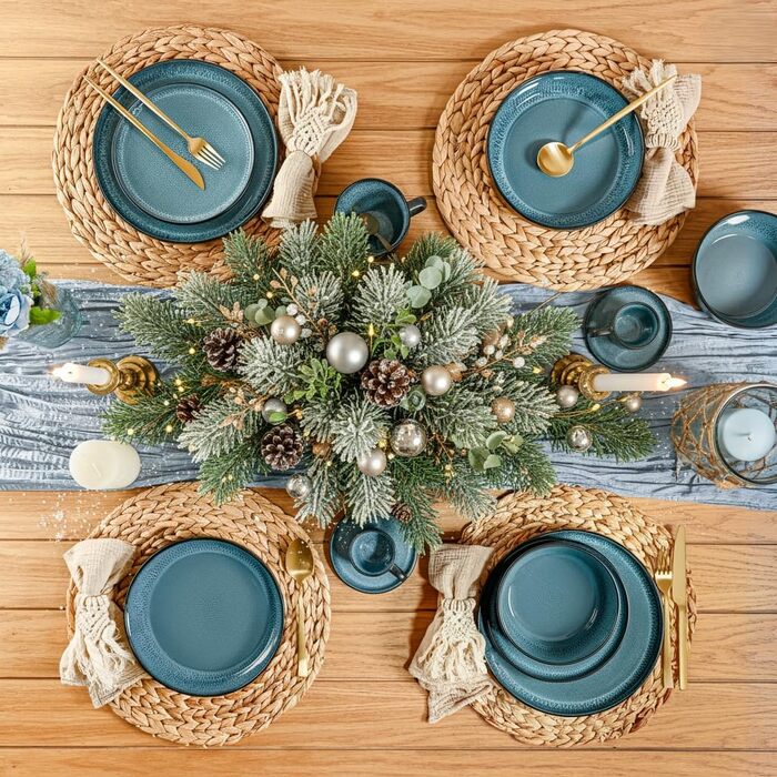 Набір посуду SÄNGER Vigo (18 предметів) | Керамічний набір посуду на 6 осіб | Тарілки, миски, десертні тарілки | Bluе з чорним бордюром, стійкий до подряпин