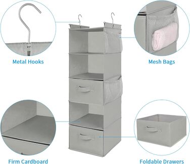 Органайзер для шафи MAX Houser з 5 полицями, Економія місця, Тканинні полиці з 4 кишенями збоку, Складаний, Бежевий