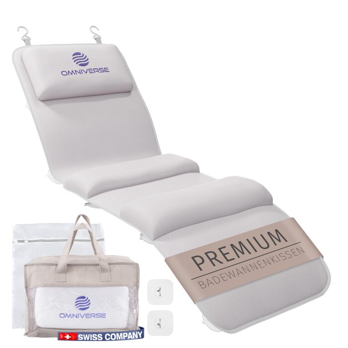 Подушка для ванни Omniverse Ganzkörper 125x40 см, для зросту 160-180 см, для гладких ванн, швидковисихаюча, гіпоалергенна, з 3 подушками, біла
