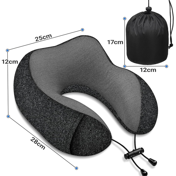 Подушка для шиї у літак - 100% Memory Foam - Зручна подушка для подорожей - з 3D-маскою для сну та навушниками - Ідеально для літака, авто, дому, офісу, чорна