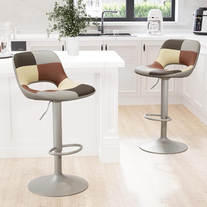 YOUNIKE 2-Piece Adjustable Bar Stools - Boho Patchwork Design - Swivel Kitchen Bar Chairs with Hollow Backrest - Yellow Green (Gray Beige)