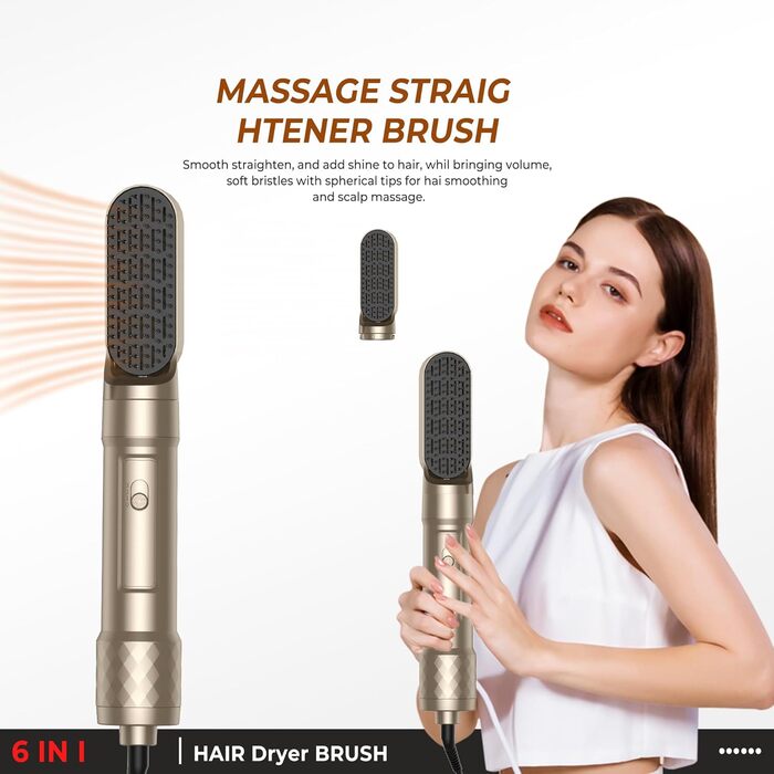 Air Styler 7-в-1: Фен-щітка, плойка, випрямляч. Зібрано 7 функцій у 1 золотому приладі. 110 000 обертів/хв, іонізація, складне зберігання. Ідеально для створення зачісок, локонів та випрямлення волосся.