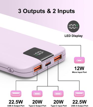 Powerbank 10000mAh 22.5W з LCD-дисплеєм, 3 виходи та 2 входи, USB C, фіолетовий
