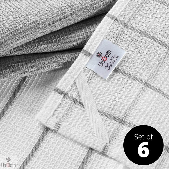 UniQloth 6-Piece Dish Towel Set - 100% Cotton - for Restaurant, Bar, Glass - Absorbent, Machine Washable Dish Towels with Hanging Loop - 38x64 cm Grey