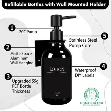 Набір дозаторів для мила та шампуню на стіну, 500 мл, 3 шт., без свердління, колір бурштиновий (чорна пляшка + чорний насос)