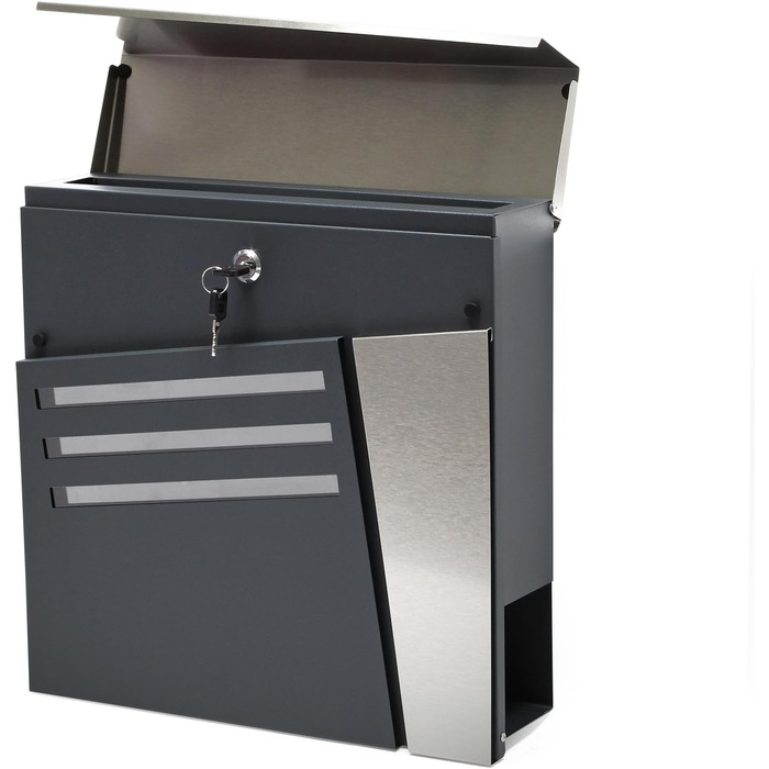 Поштовий ящик Wiltec Designer V23 з нержавіючої сталі антрацит 370x102x370 мм з замком та газетницею