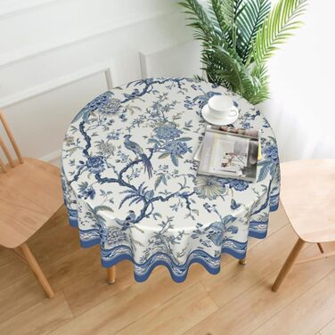 Кругла скатертина Giwawa Chinoiserie 152 см, синьо-біла, з квітами та птахами, порцеляновий орнамент, східний стиль, термостійка, багаторазова, для кухні та їдальні