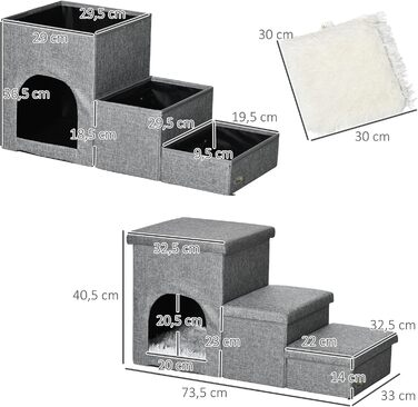 PawHut Сходинка для собак 3 сходинки, 40.5 см, з подушкою-печериною, місцем для зберігання, для котів та маленьких собак, сірого кольору, для ліжка, дивану, авто