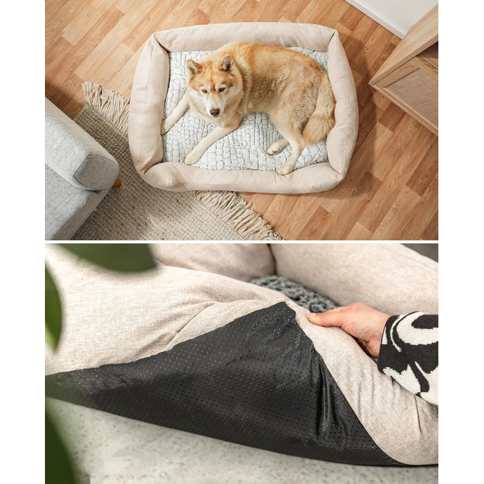 Lionto Dog Basket with Fluffy Reversible Cushion, Cozy Pet Bed in Heathered Design with Deep Entry for Dogs & Cats of All Sizes, 80x60 cm, Soft Dog Bed, (Beige, L 110 x W 80 x H 28 cm (with name tag))