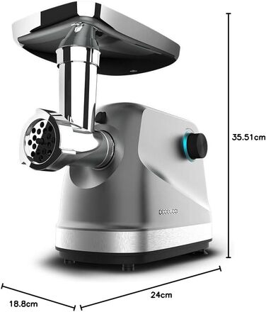 Електрична м'ясоподрібнювач Cecotec Crusher 1400 Steel, 1360 Вт, з нержавіючої сталі, для подрібнення, нарізання та фаршування, з 1 ножем та 3 дисками (3, 5, 7 мм)