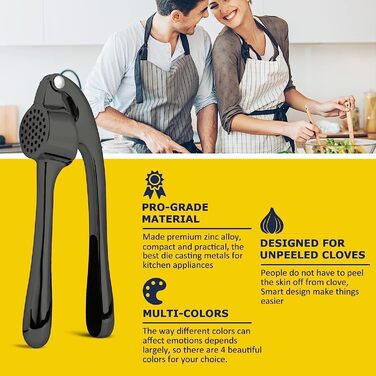 Преміум-прес для часнику з нержавіючої сталі - прес-подрібнювач часнику, подрібнювач та очищувач, набір, стійкий до миття в посудомийній машині та іржі (матова чорна поверхня)