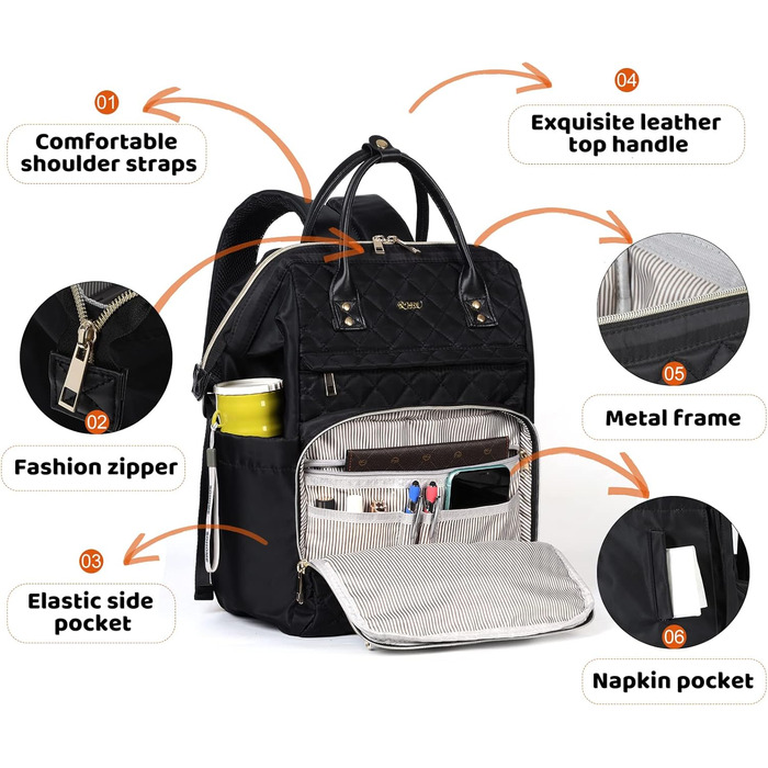 Жіночий рюкзак з відділом для ноутбука 15.6 дюймів, шкільний рюкзак для дівчаток та підлітків, сумка для університету, робочий рюкзак, подарунок для жінок, водонепроникний, чорний S41-x