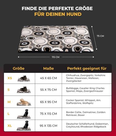 Лежанка для собак XS (45x65 см) – ковзаюча поверхня та комфорт завдяки 3 см наповнювачу – ідеально підходить для дивану, авто та переноски – Made in DE (75 x 115 см, Мандала Антрацит)