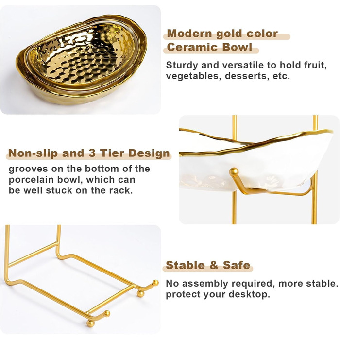 Керамічна фруктова миска для кухонного столу, 3-ярусна, з металевим підставкою, розсортована полиця для стільниці, сучасна миска для подачі їжі на вечірку, десерти, овочі, закуски, невелика