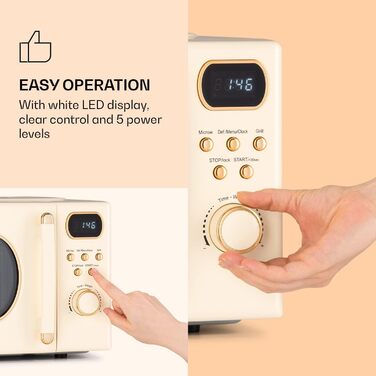 Мікрохвильова піч Klarstein з грилем, 800 Вт, 20 л, нержавіюча сталь, з функціями розморожування та приготування піци, поворотний стіл, компактна, проста у використанні (кремовий)