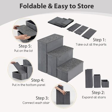 Сходи для собак SOARS, складані, з місцем для зберігання, неслизькі, до 50 кг, для котів та собак, під ліжко/диван (сірий, 3 сходи, 38 x 51 x 45 см)