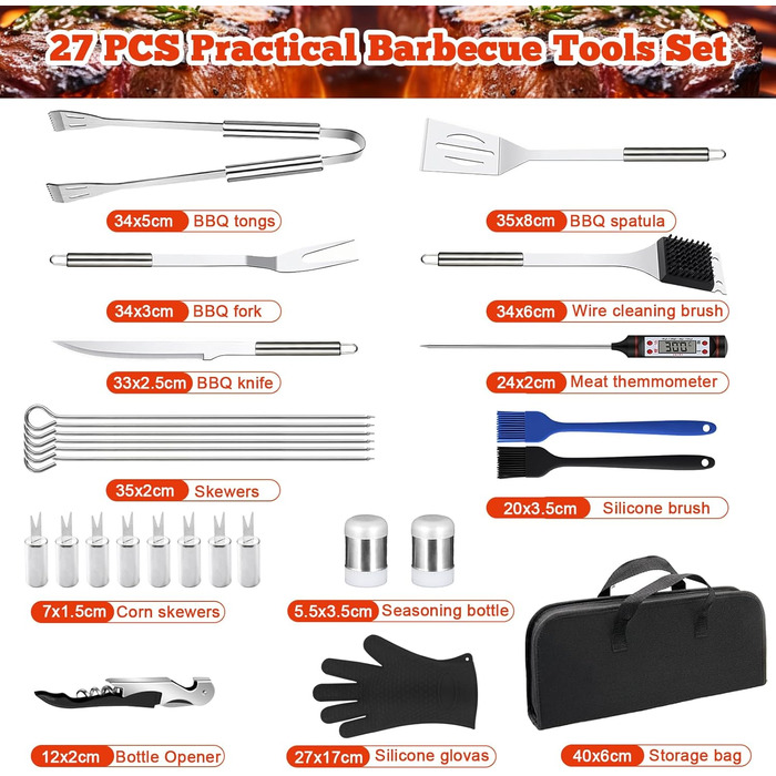 Набір аксесуарів для гриля NXPZ з нержавіючої сталі, 27 предметів. Професійний набір для гриля, з сумкою для зберігання. Для кемпінгу, пікніків, саду та походів.