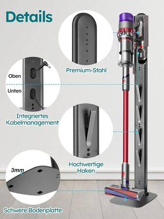 Стійка для пилососів Dyson G5, V15, V12, V11, V10, V8, V7, V6, металева, з 4 гачками та 4 полицями, без свердління, стабільна, підлогова, приховане кріплення кабелю (Темно-сірий)