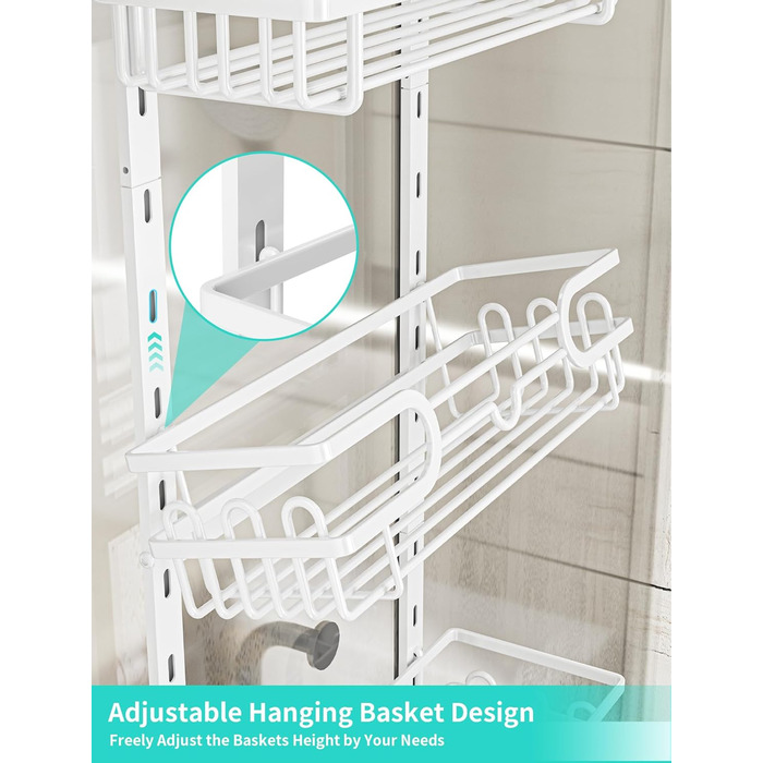 HapiRm Shower Shelf - Hanging Shower Rack Adjustable with 4 Shower Baskets, Shower Shelf No Drilling with Soap Dish and Hooks, Shower Shelf Over the Door Glass Wall & Bathroom Door (White)