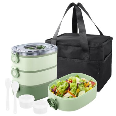 Ланчбокс 3 в 1 з відділеннями, Бенто-бокс 2800мл з сумкою, вилка та ложка, багаторівневий, водонепроникний, для дітей та дорослих, BPA Free, підходить для мікрохвильової печі (зелений)