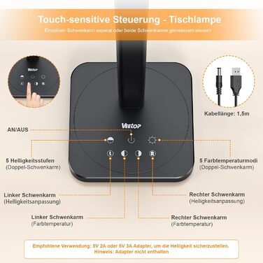 LED лампа настільна Veetop з подвійним світлом, регульована, денне світло, 72 см, шарнірний кріплення, 5 рівнів яскравості, 5 колірних температур, диммування, офісна лампа