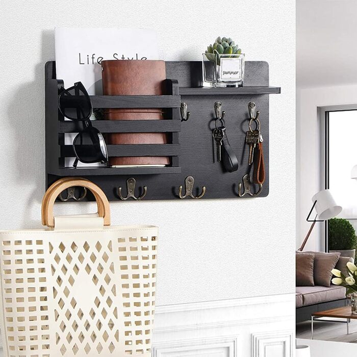 Настінна вішалка для ключів з дерев'яною поштою та полицею, ключниця на стіну, дерев'яне ключове тримач, 4 гачки, рустикальний декор для входу, передпокою, офісу, чорний