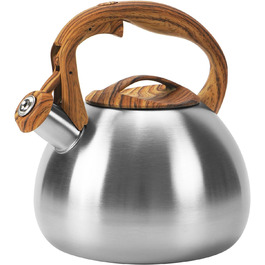 Чайник-свисток Foedo з нержавіючої сталі з дерев'яною обробкою, 3.2 л, для чаю, води, кави та молока, класичний дизайн, червоний (срібний)