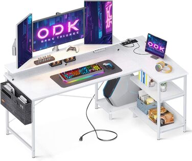 Письмовий стіл ODK L-подібний білий 147x80 см з USB-розеткою, ігровий комп'ютерний стіл з полицею та підставкою для монітора, офісний кутовий стіл