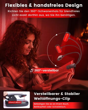 Ліхтарик для читання з червоним світлом 670 нм, кліпса на книгу, з функцією пам'яті, димування та USB-зарядкою. Без синього світла, портативний, для ліжка та захисту очей.