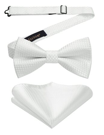 Краватка-метелик чоловіча Enlision з кишеньковим хустинкою - комплект для весілля, свят, до костюма. Білий колір.