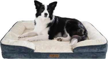 Ортопедичне ліжко для собак BELLA & PAL, 71x59 см. Зручне ліжко-софа для маленьких та середніх собак. Без монтажу, піна з ефектом пам'яті, водовідштовхувальний вкладиш, фланелевий знімний чохол, неслизьке дно. (Д 91.5 x Ш 68.5 x В 16.5, сірий)