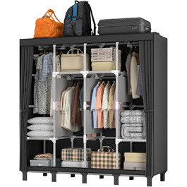 LOEFME Wardrobe 170 * 175 * 45cm, Fabric Wardrobe for Bedroom, Clothes Wardrobe Fabric, Fabric Clothes Wardrobe with 2 Hanging Rails (Black)