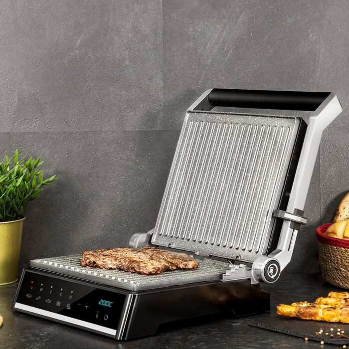 Cecotec Rock'nGrill Smart Electric Grill, 2000W Power, Time and Temperature Setting System, 180º Opening, Removable, Dishwasher-Safe Plates, 2000 W | Smart Grease Collection Tray
