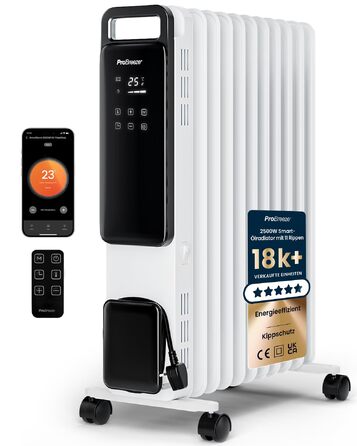 Розумний електричний масляний радіатор Pro Breeze 2500W, 11 секцій, з керуванням через Wi-Fi/App, термостатом, таймером на 24г та сенсорним дисплеєм, білий