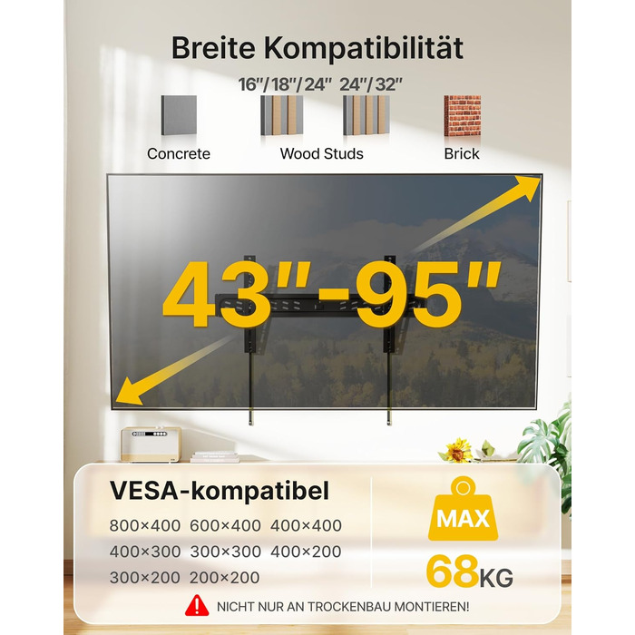 Настінний кронштейн для телевізора monTEK Ultra Slim (43–95 дюймів), фіксований, до 68 кг, VESA 800x400 мм