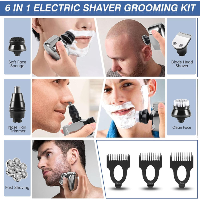 Електричний голкострум для голивної голови Glatzen Rasierer: 7D плаваюча головка, ротаційний голкострум 6-в-1, вологостійкий, для догляду за обличчям (сріблястий)