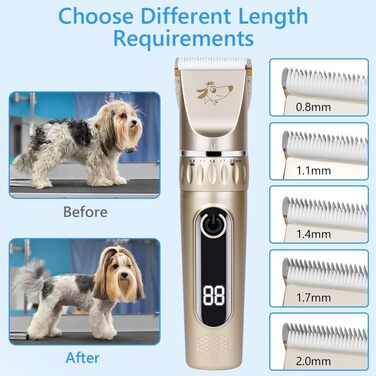 Безшумна машинка для стрижки собак та котів з 2 швидкостями, акумуляторна, бездротова, з 11 насадками, золота