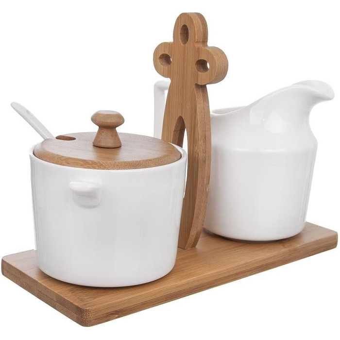Sugar bowl and milk jug with wooden stand, sugar and milk set, 3 pieces.
