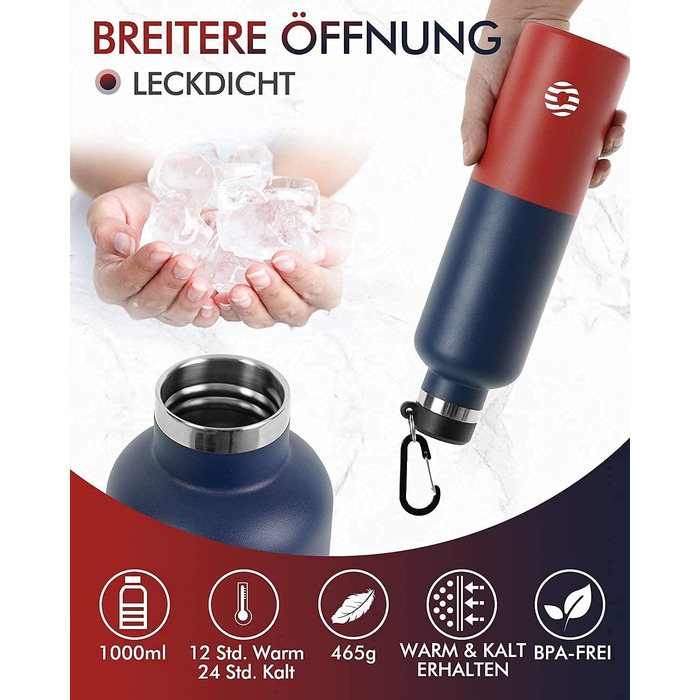 Фляга спортивна Feijian 1L з карабіном - термофляга з нержавіючої сталі, витримує напій з газом, без BPA, для спорту, відпочинку, школи, кемпінгу, велосипеду, армійський зелений (блакитний & червоний)