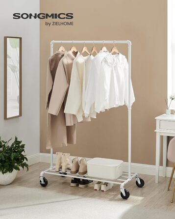 SONGMICS Clothes Rack, Garment Rod, with Wheels, Load Capacity up to 90 kg, Coat Rack with 1 Garment Rod and Shelf, Industrial Design, for Bedroom, Laundry Room, HSR61BK (White)