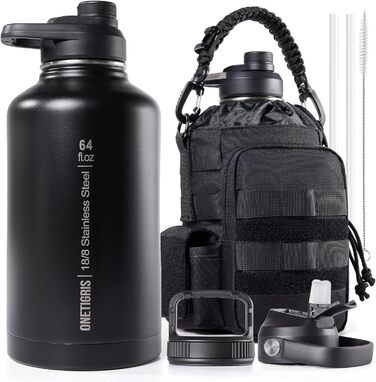 OneTigris Stainless Steel Water Bottle, 1.9L High Capacity, Insulated Sports Bottle for Cycling, Camping, Yoga, Gym, Softair, OD Green, 64oz (Black)