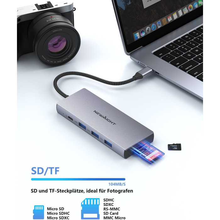 Док-станція для ноутбука Newmight з двома HDMI, підтримка 2 моніторів 4K, Ethernet 1 Gbps, PD 100W, 3 USB 3.0, SD/TF Reader, USB-C, сірий (HP/Dell)