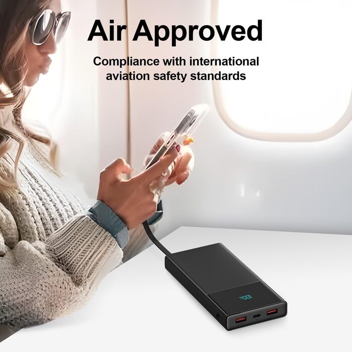 Портативний зарядний пристрій Power Bank 13000mAh з 2 вбудованими кабелями, LED-дисплеєм, підтримкою швидкої зарядки PD, чорний