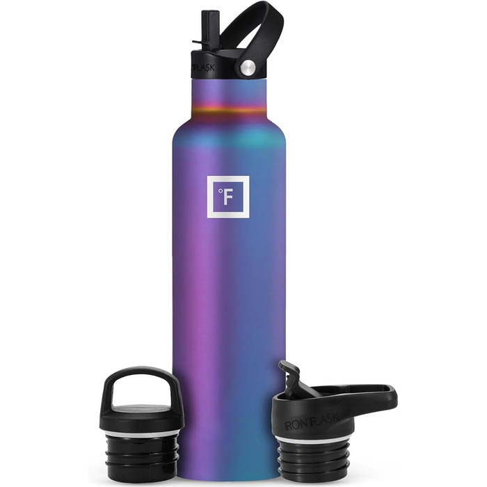 Фляга з нержавіючої сталі з 3 кришками - термофляга, витокозахисна, металева, подвійні стінки, ізольована, без BPA, для спорту, школи, фітнесу, кемпінгу (Aurora, 710 мл)