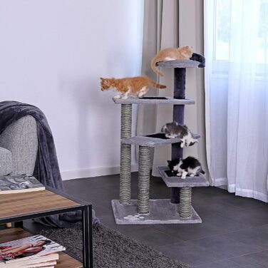 Драбина для котів Lionto з 3 платформами та затишним лежанкою, висота 100 см, котячий будиночок з сизалевим мотузком та м'яким плюшем, підходить для кошенят та великих котів, ідеальний догляд за кігтями, сірий/світло-сірий