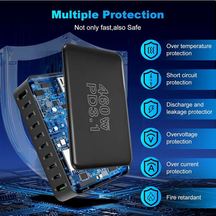 Зарядний пристрій USB-C 460W, 10 портів, PD 3.1 100W/45W/35W/20W для MacBook, iPad, iPhone, HP, Samsung Galaxy та ін. (Сірий)