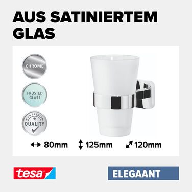 tesa ELEGAANT Toothbrush Holder - Glass Cup with Chrome Wall Mount - For Wall Mounting Without Drilling - 80mm x 125mm x 120mm