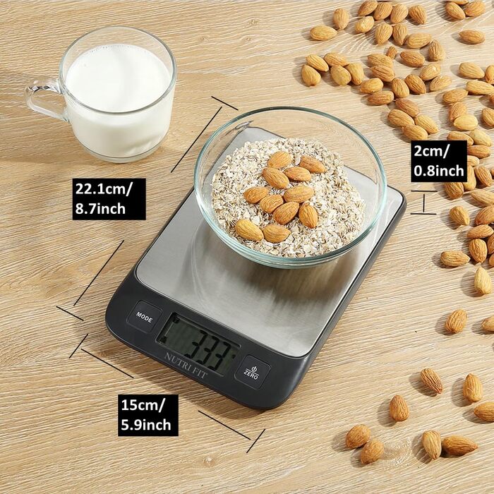Кухонні ваги NUTRI FIT: цифрова вага з нержавіючої сталі, ультраплоска, LCD-дисплей, 5 кг, 4 одиниці вимірювання