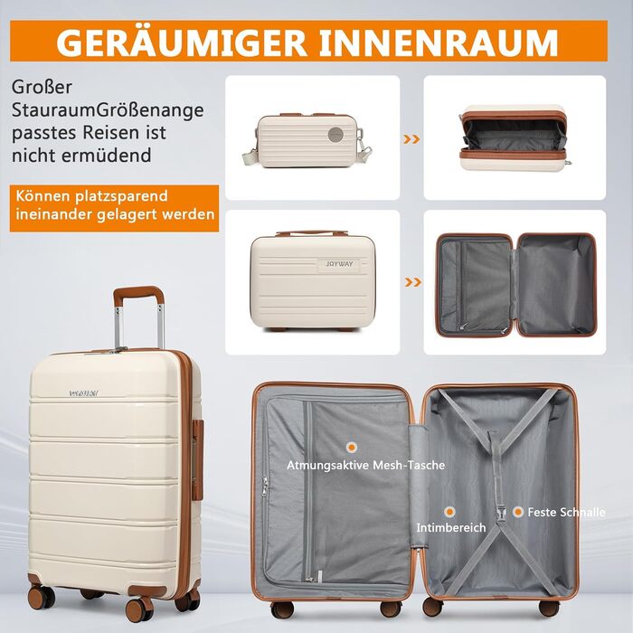 Набір валіз Joyway 5шт з жорстким корпусом, 4 колеса та TSA-замок. В комплекті: косметичка та сумка. Колір: білий/коричневий