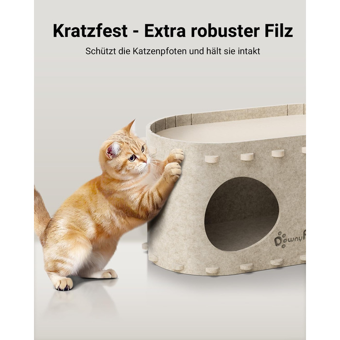 Будиночок для котів з фетру, лежанка для котів, затишна кімната для котів, 58 x 33 x 30 см, ігровий Peek-a-Boo, зимовий, захист кігтів, бежевий, 1 шт.